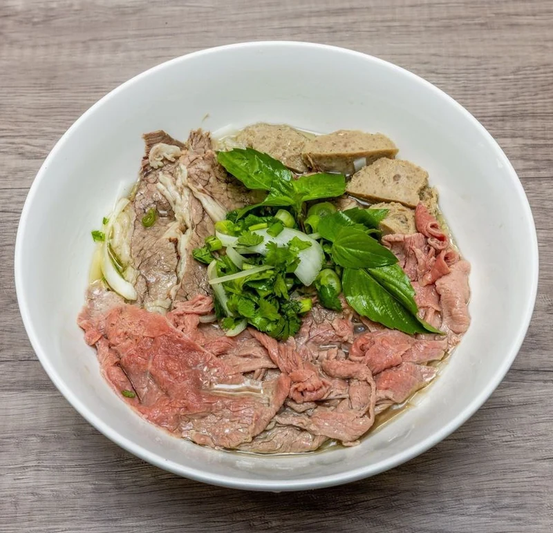 House Special Pho with flank, brisket, beef meatballs and tendon at Bep & Brew in Airdrie, AB