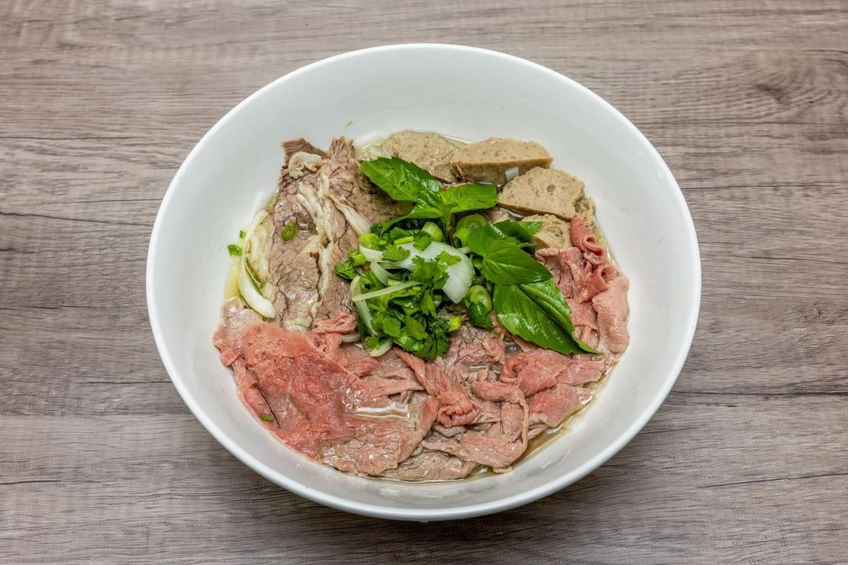 House Special Pho with flank, brisket, beef meatballs and tendon at Bep & Brew in Airdrie, AB